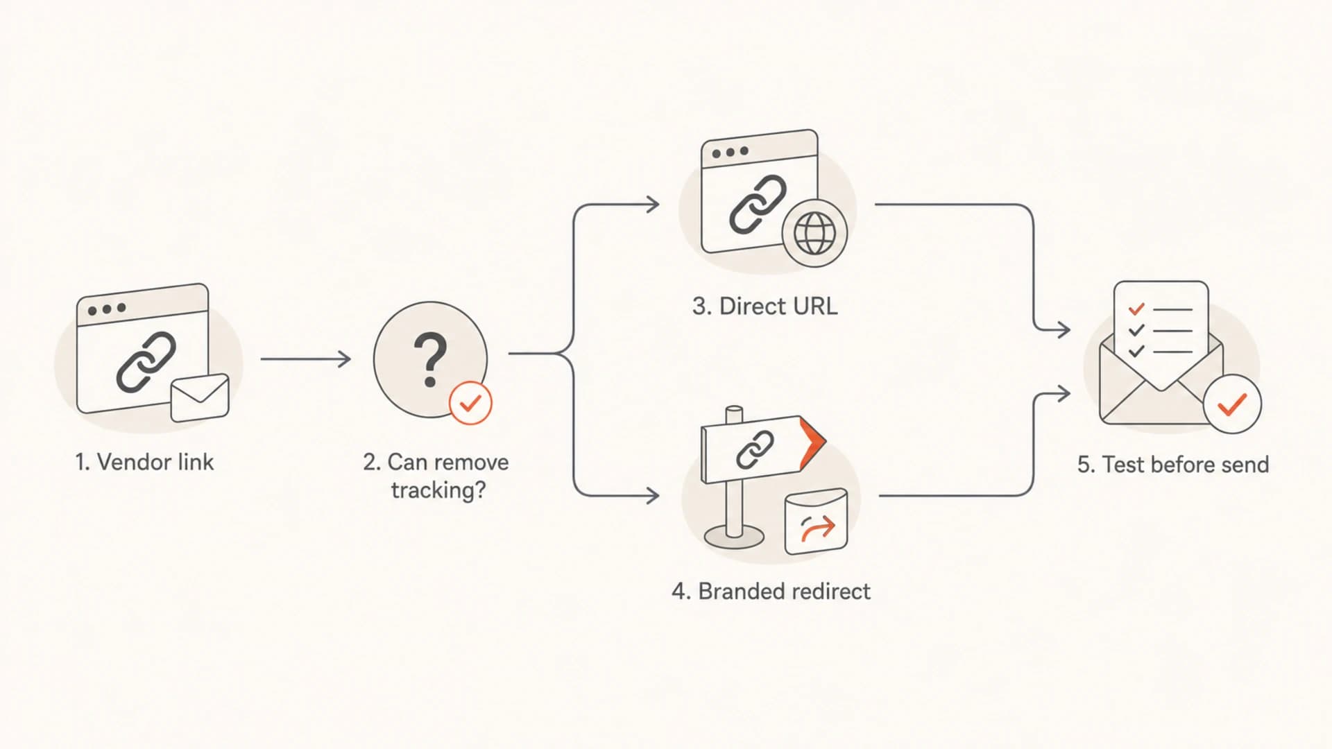 Flowchart for choosing between a direct URL, branded redirect, and pre-send testing.