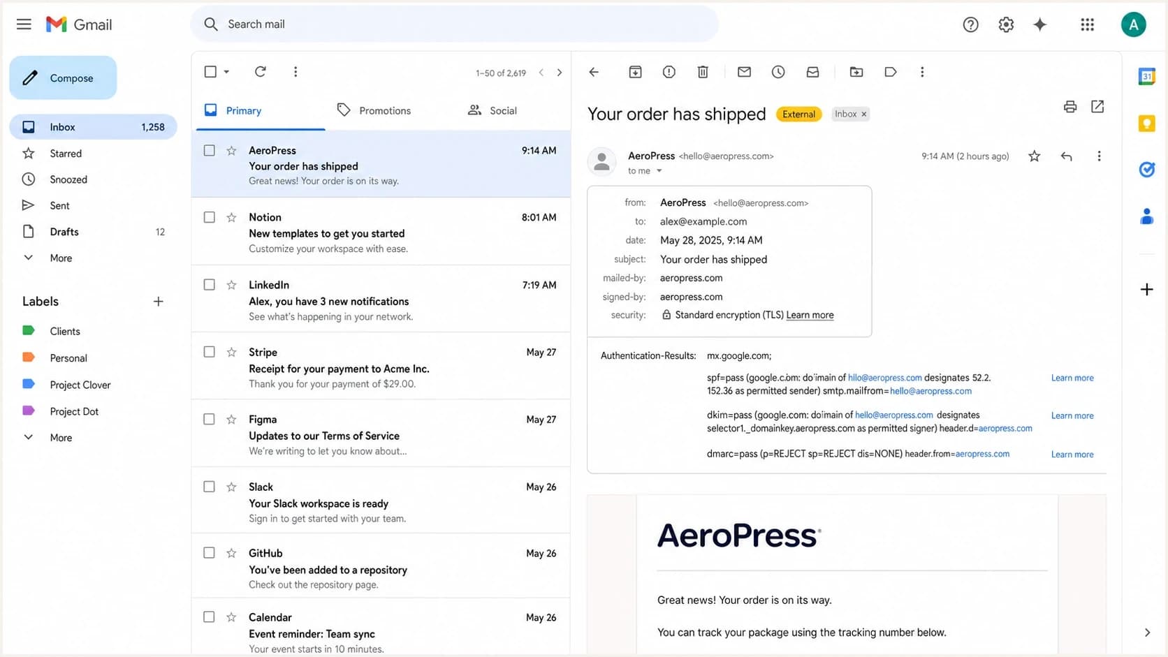 Gmail screenshot showing a message that passes authentication but has no BIMI logo.