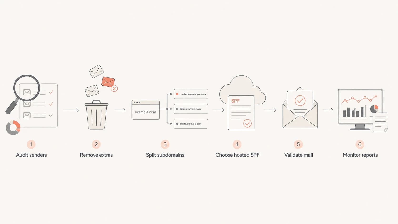 Flowchart showing SPF cleanup, hosted SPF, validation, and monitoring.