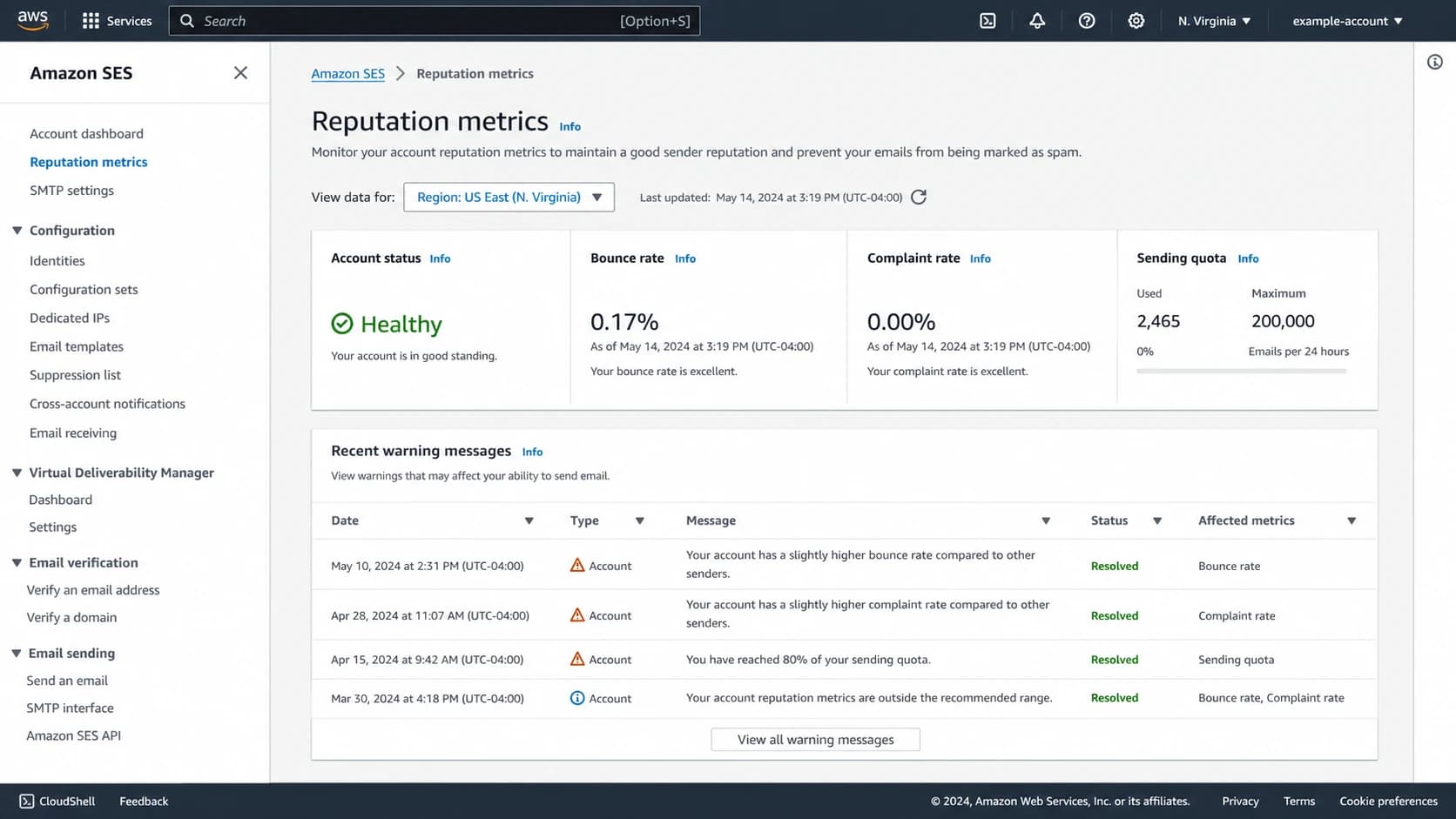 Amazon SES reputation metrics screen showing bounce and complaint status.