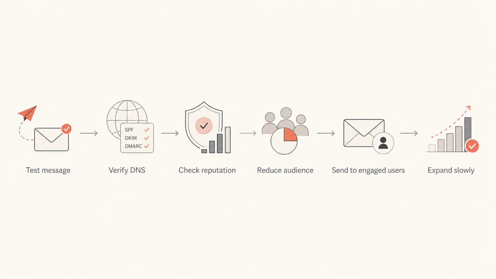 Flowchart showing the Gmail spam recovery process from testing to gradual volume expansion.
