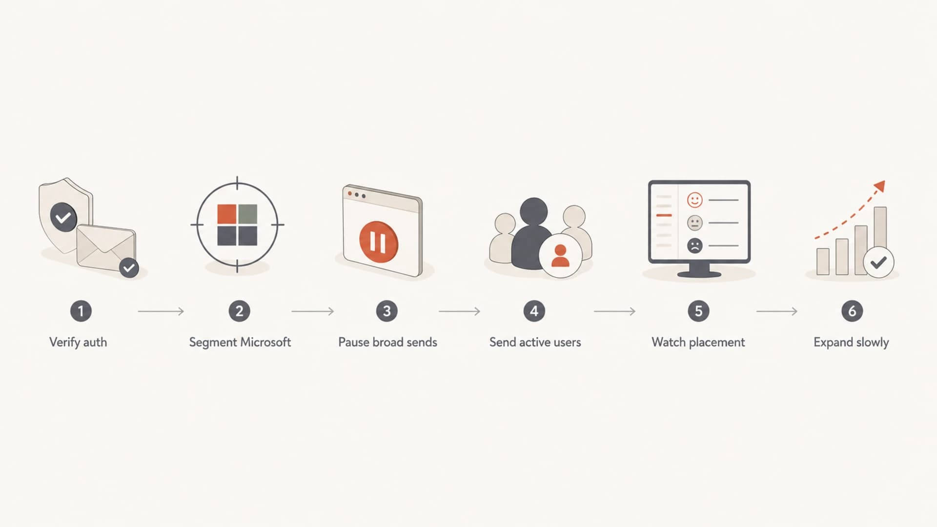 A six-step flowchart for recovering Microsoft email deliverability.