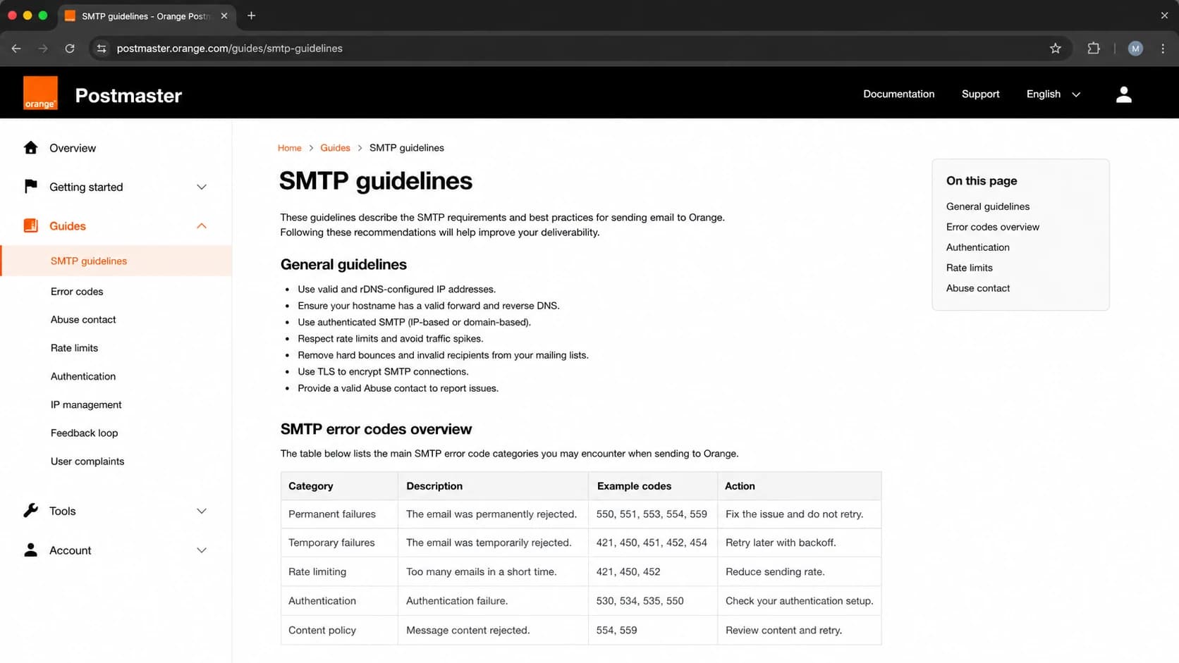 Screenshot-style view of the Orange Postmaster guidance website.