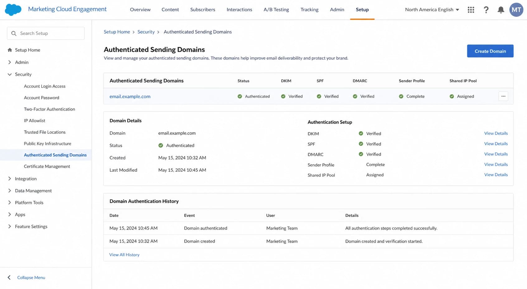 Salesforce Marketing Cloud setup screen for an authenticated sending domain.