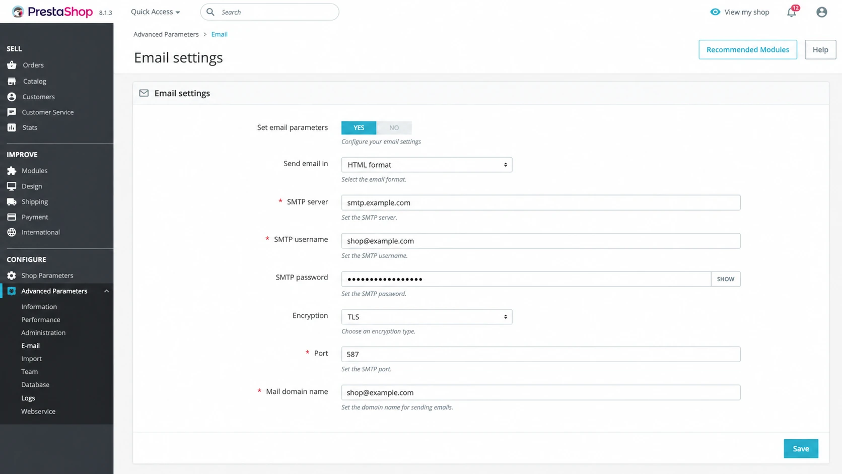 PrestaShop email settings with custom SMTP fields and sender domain values.