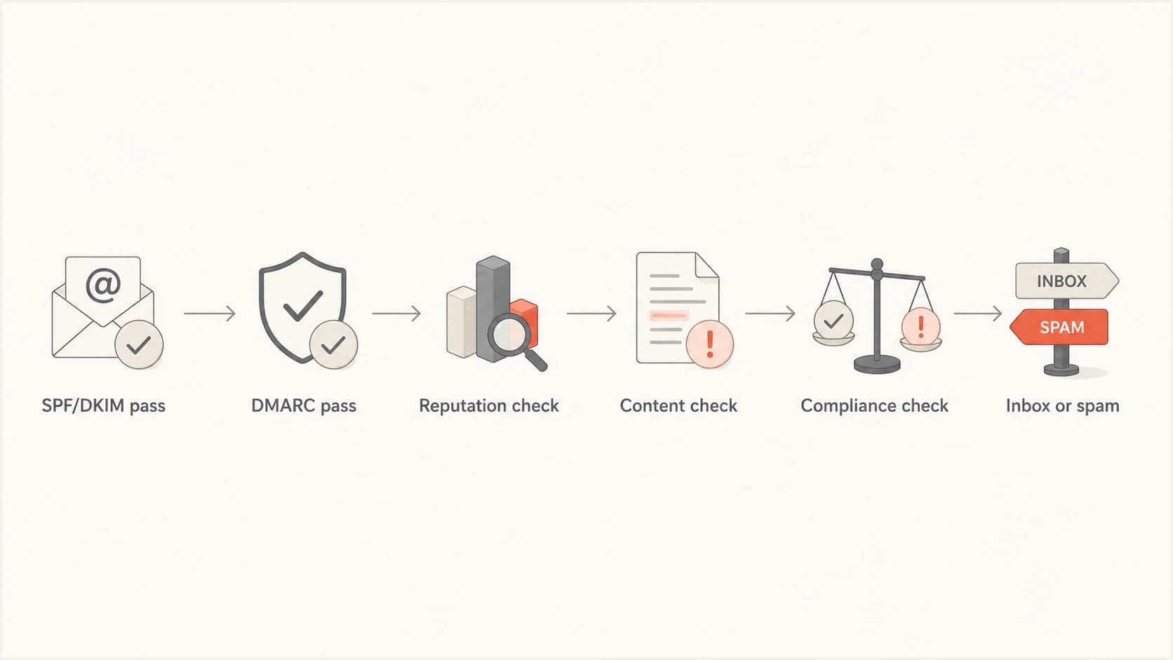 Flowchart showing authentication passing before Gmail checks reputation, content, and compliance.
