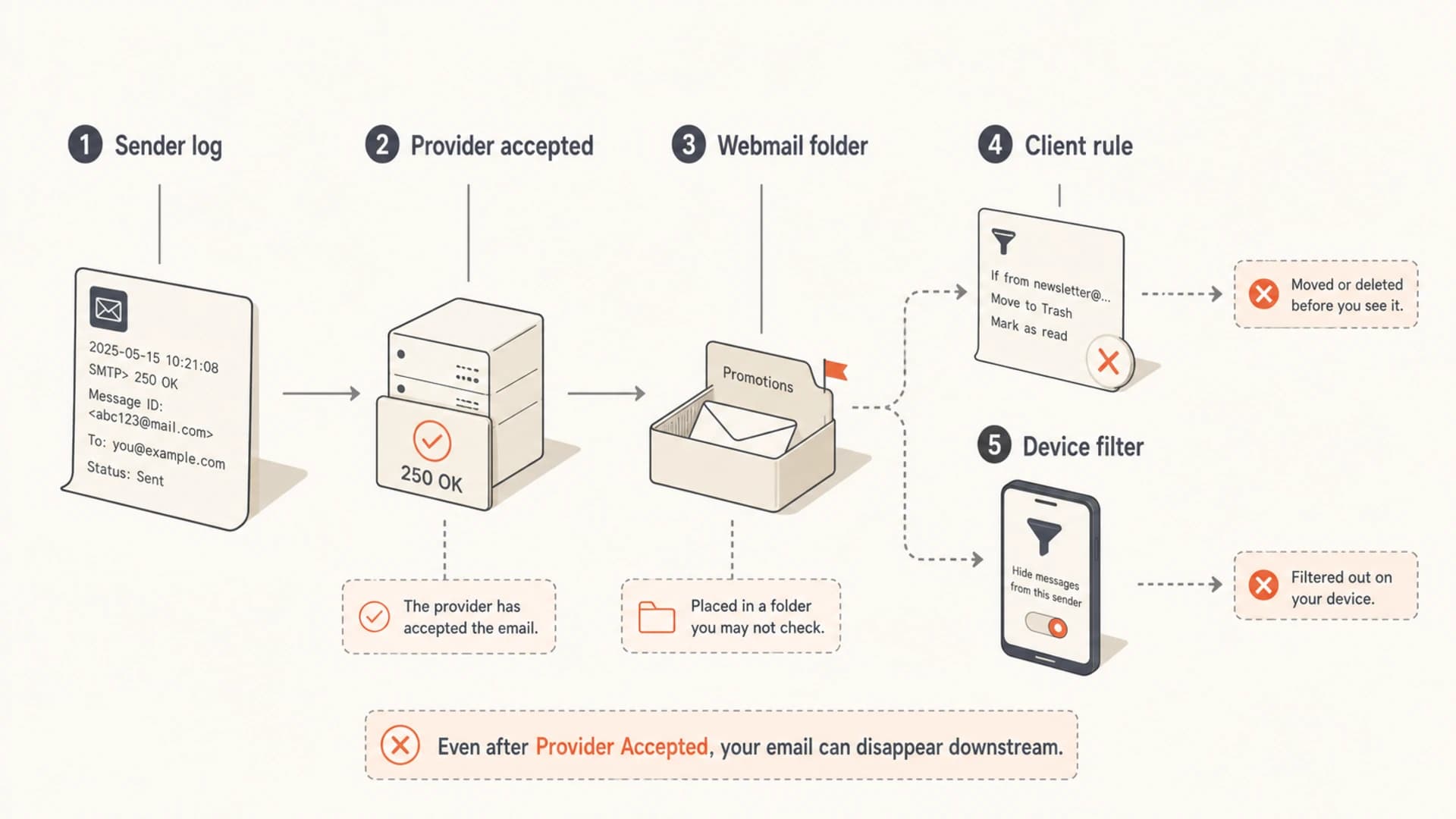 Accepted email can be hidden by webmail folders, client rules, or device filters.