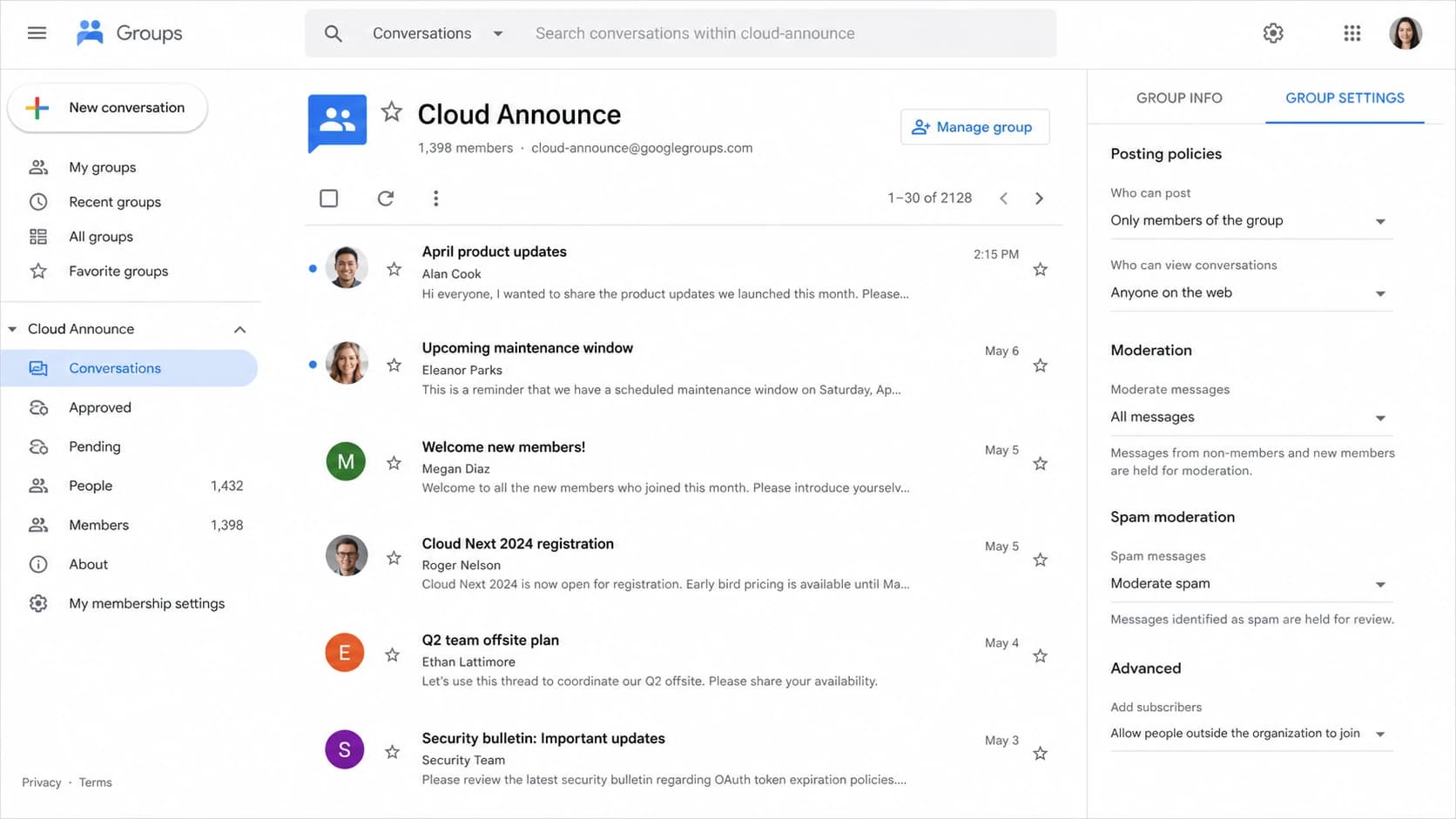 Google Groups settings screen showing posting and moderation controls.