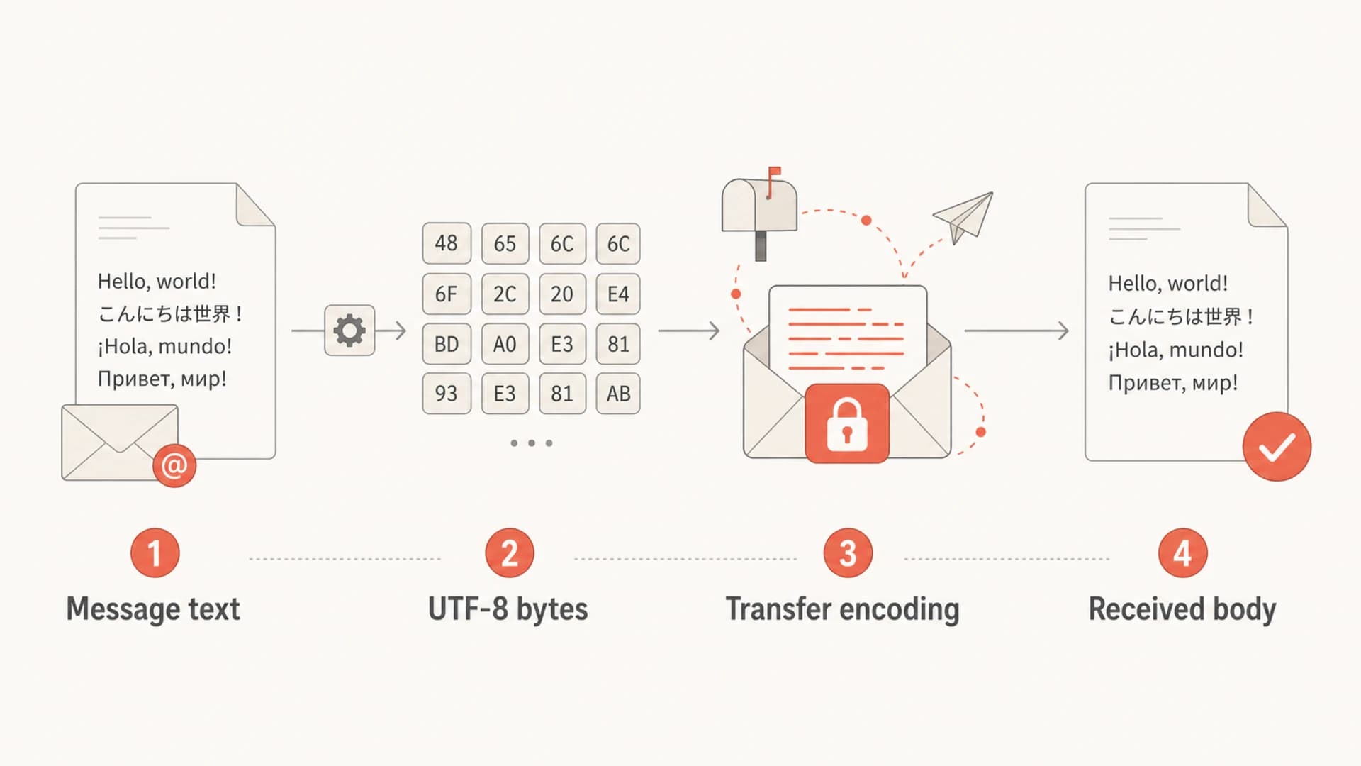 Diagram showing message text becoming UTF-8 bytes, then transfer encoded and received.