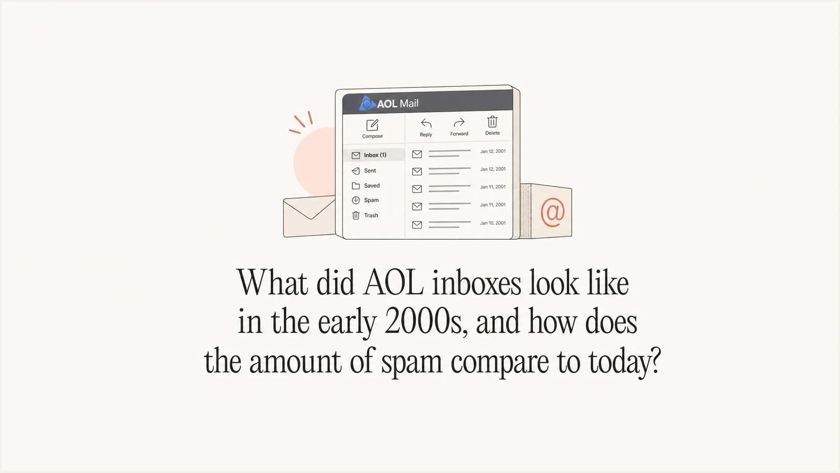 A calm editorial thumbnail about early AOL inbox spam compared with modern filtering.