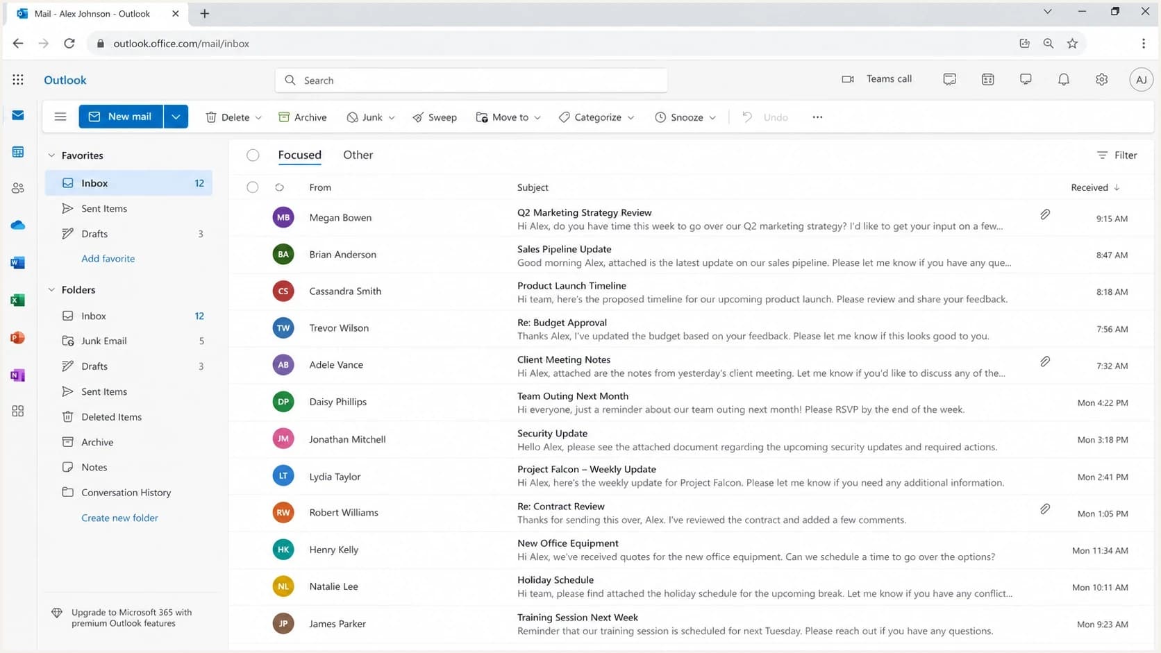 Microsoft Outlook on the web inbox showing sender initials instead of BIMI brand logos.