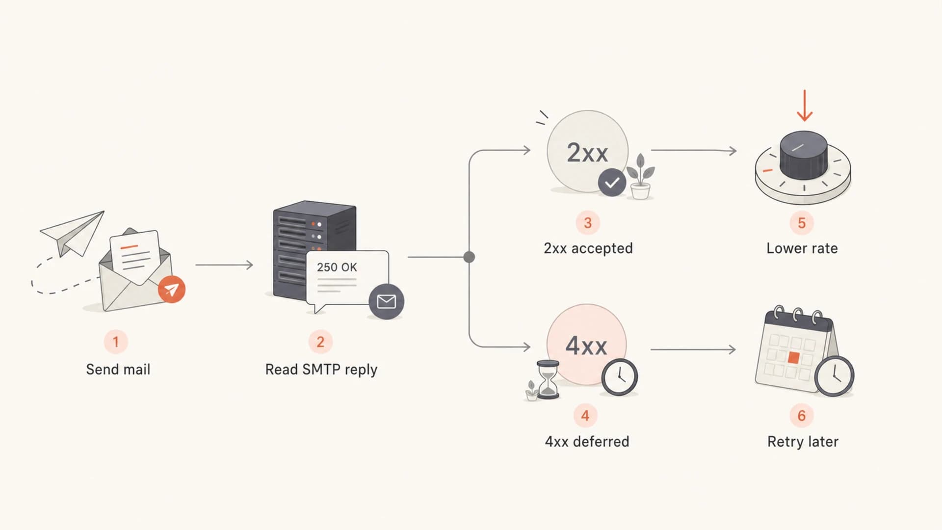 Flowchart showing how to slow down after SMTP deferrals.