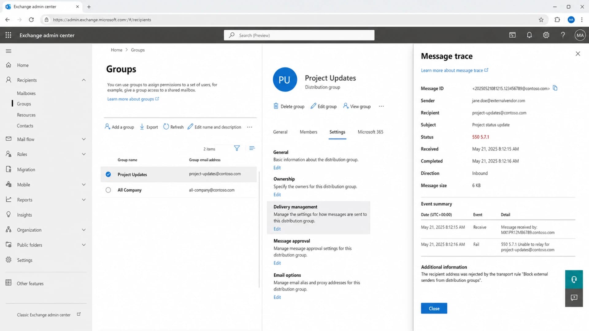 Microsoft Exchange admin center showing group delivery management and a 550 5.7.1 trace.