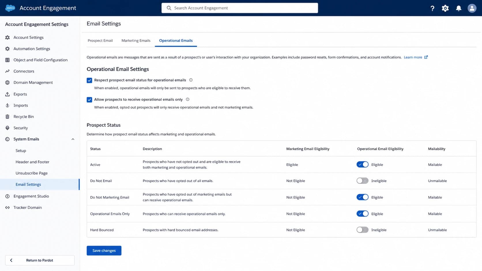 Salesforce Account Engagement settings concept for operational email eligibility.