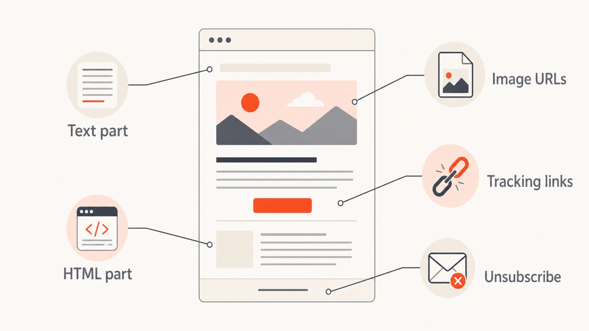 Infographic showing the text part, HTML part, images, tracking links, and unsubscribe area of an email.
