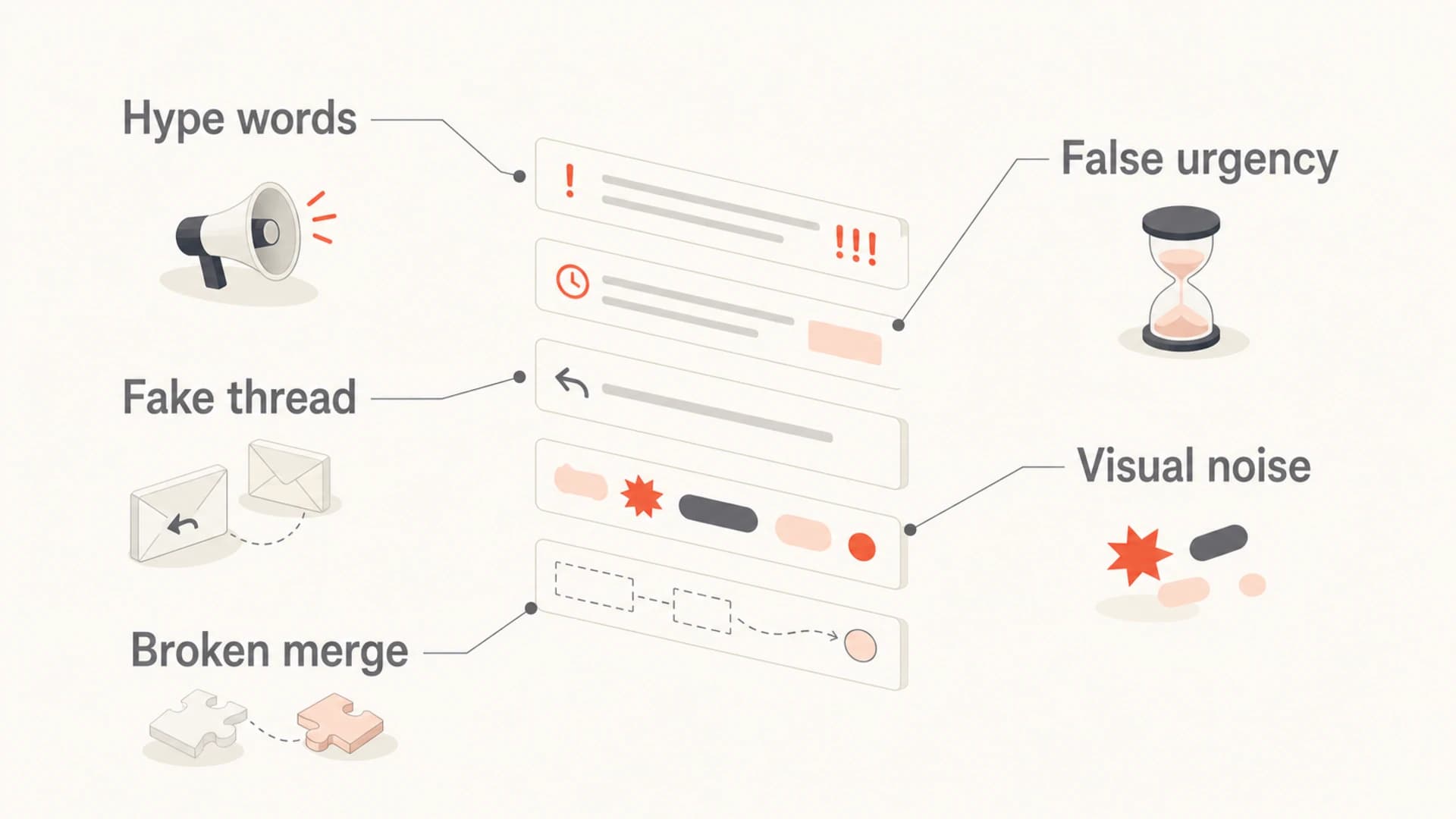 Five subject line risk signals: hype words, false urgency, fake thread, visual noise, and broken merge.
