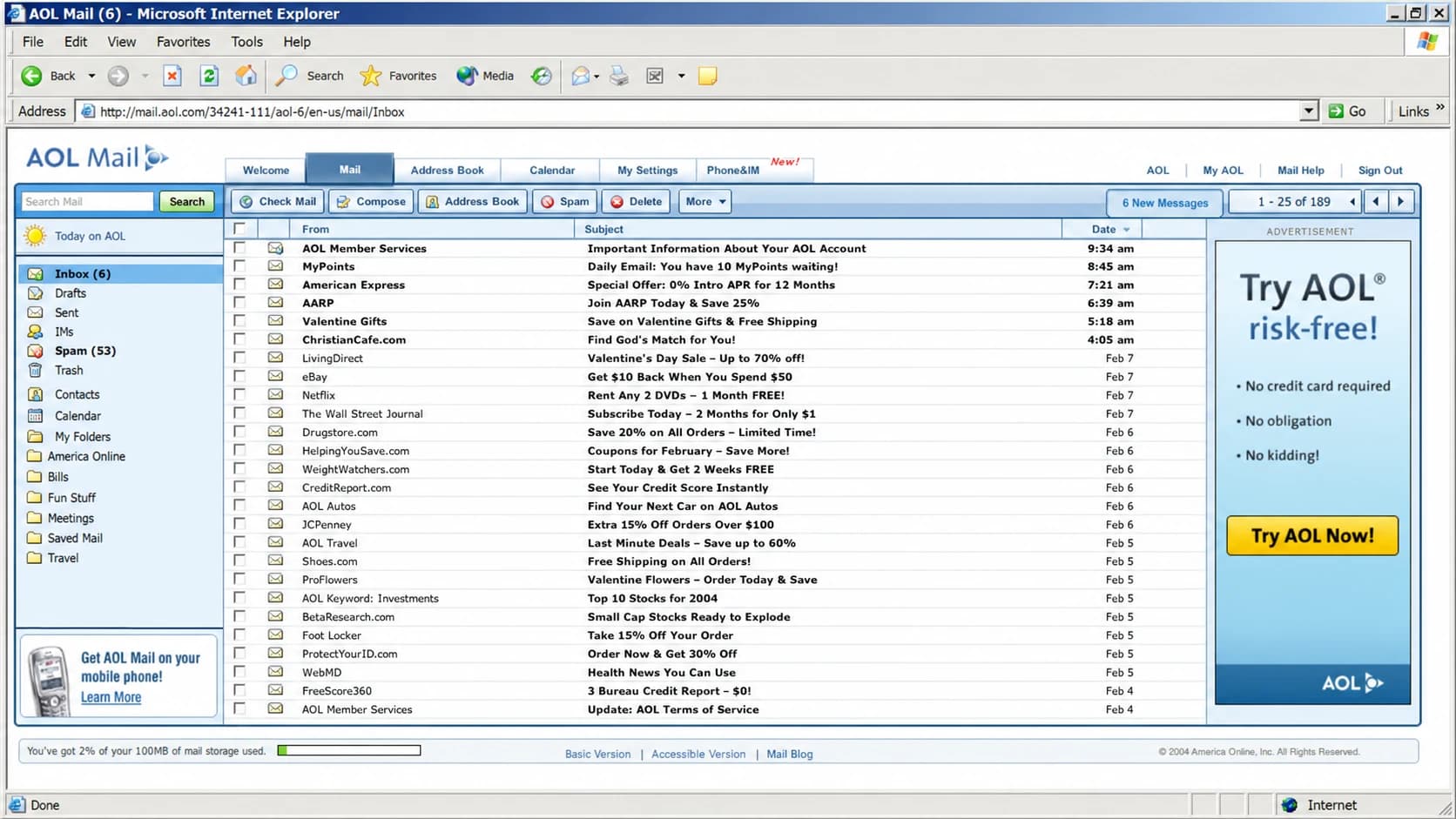Early 2000s style AOL Mail inbox with compact rows and many unwanted messages.