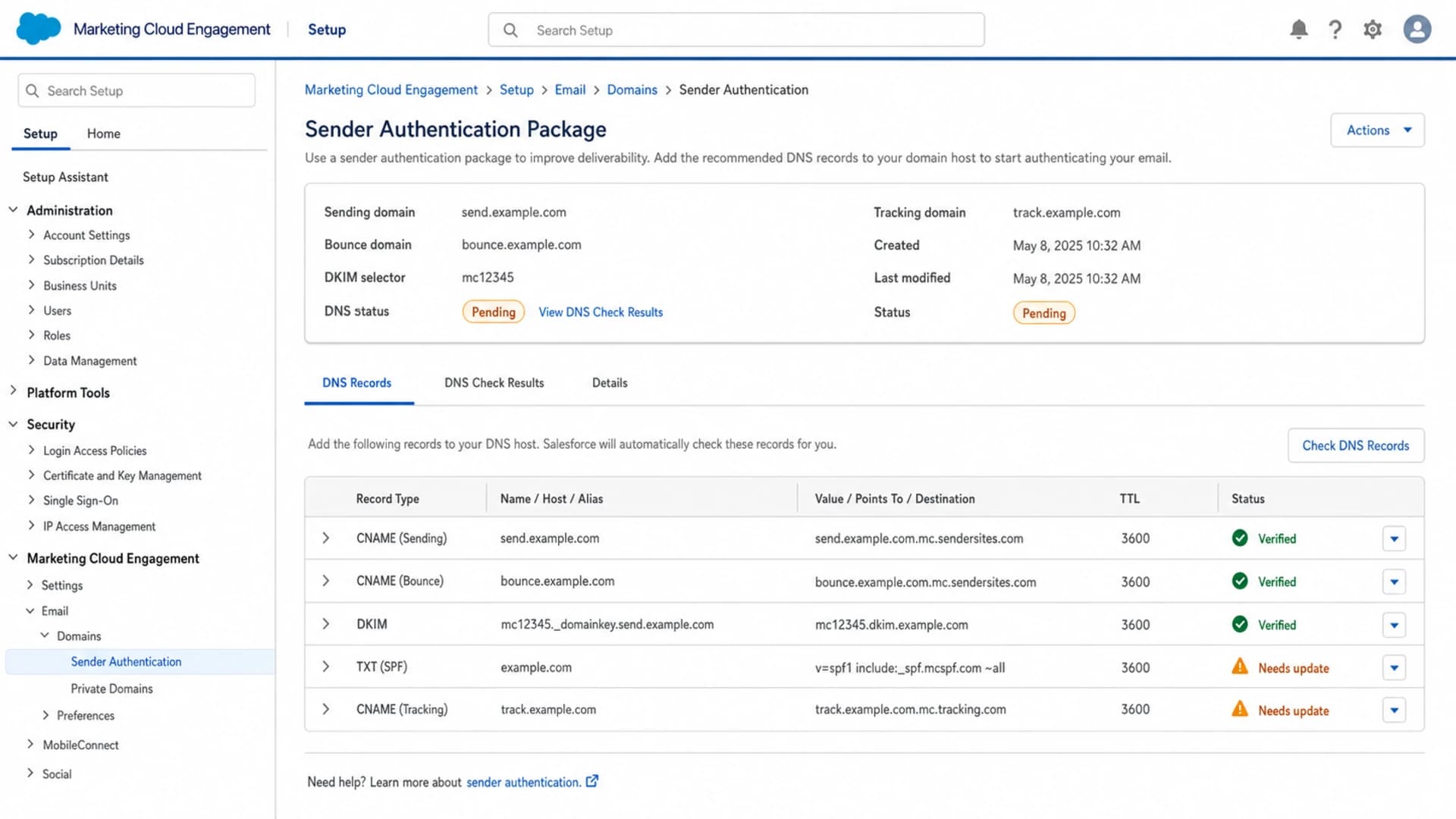 Salesforce Marketing Cloud Engagement sender authentication setup screen.