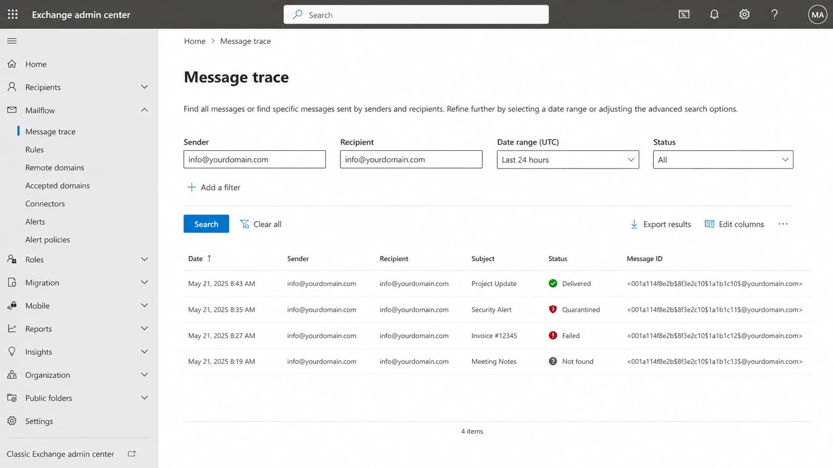 Microsoft Exchange admin center message trace showing delivery and quarantine statuses.