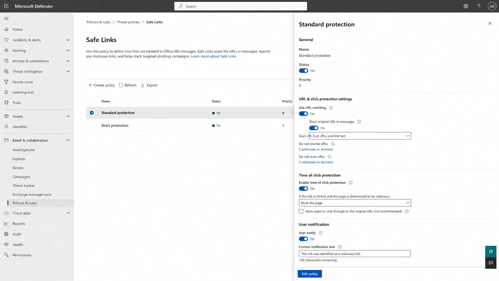 Microsoft Defender portal Safe Links policy screen showing link scanning settings.