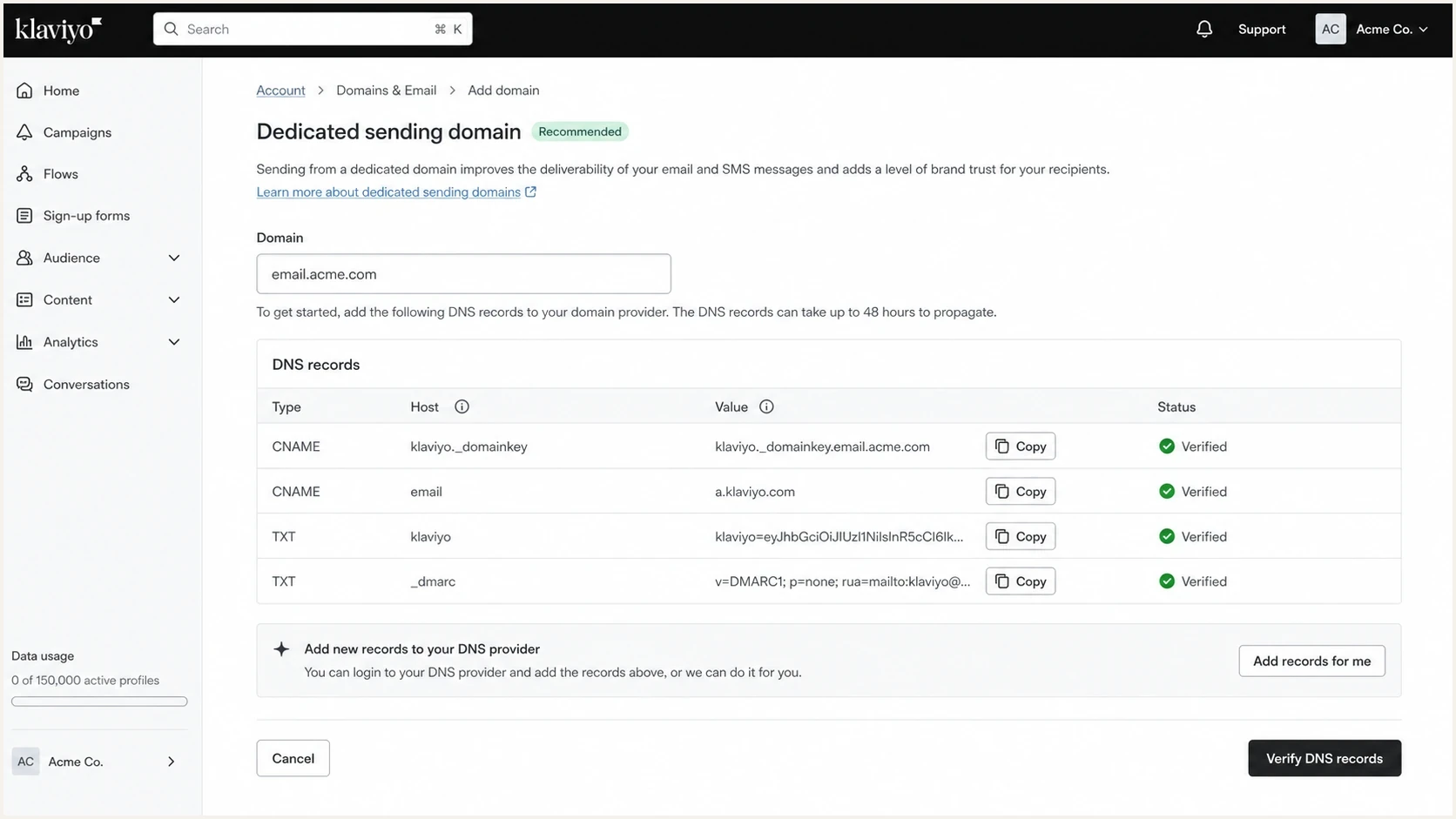 Klaviyo sender domain setup screen with DNS records.