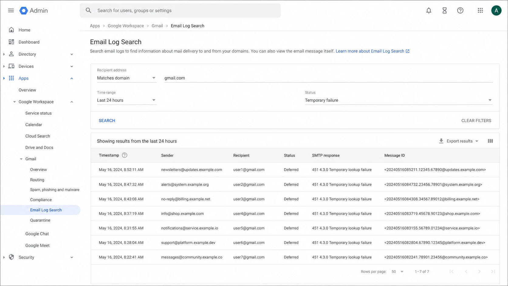 Google Workspace Admin console Email Log Search showing deferred Gmail messages.