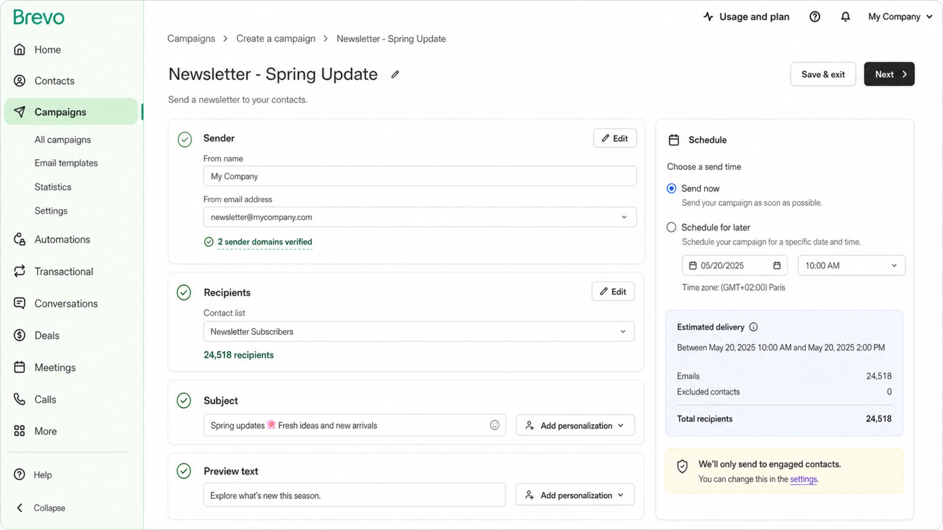 Brevo campaign setup screen showing sender, recipients, subject, and schedule controls.