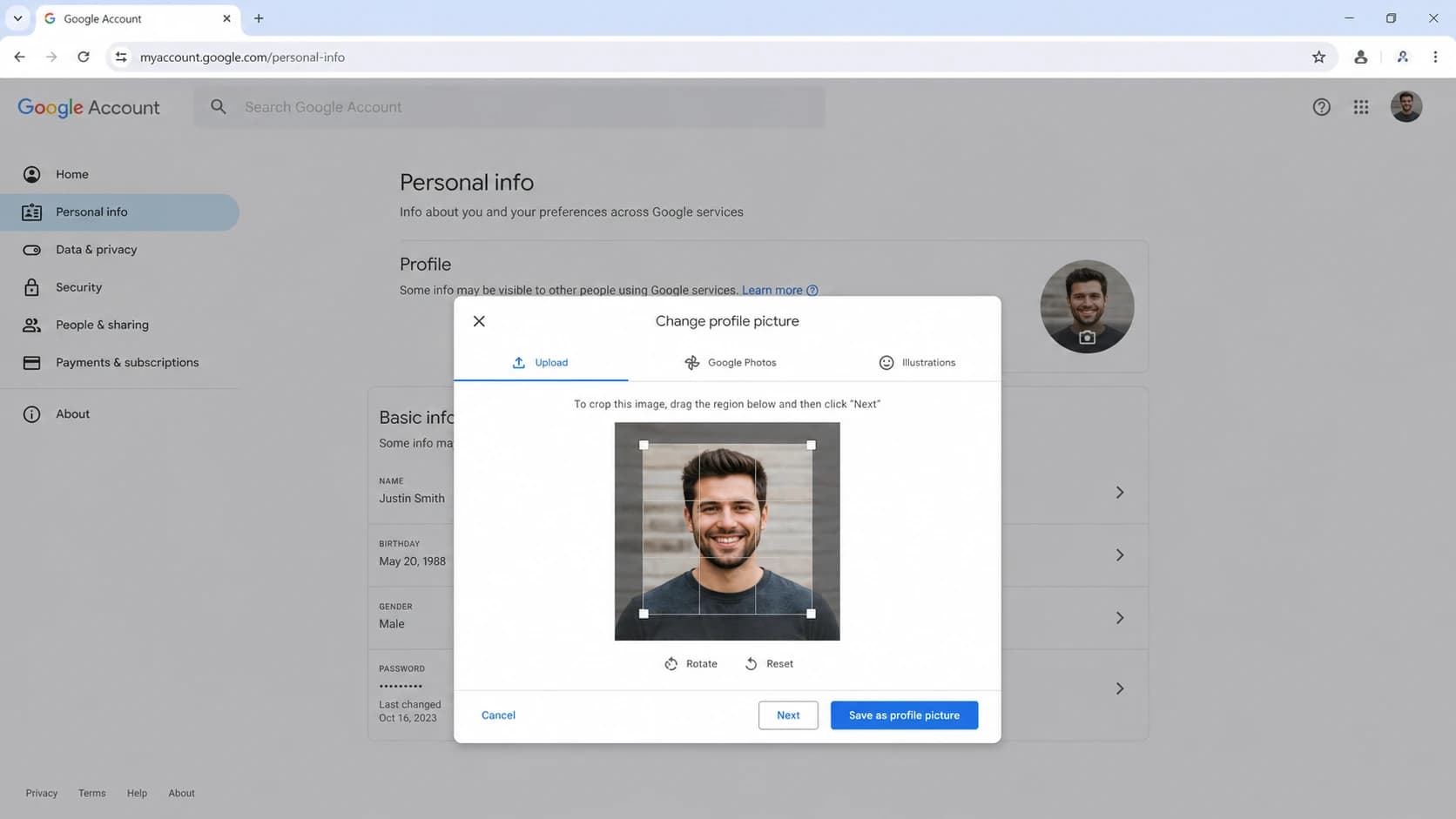 Google Account profile picture picker with upload and crop controls.