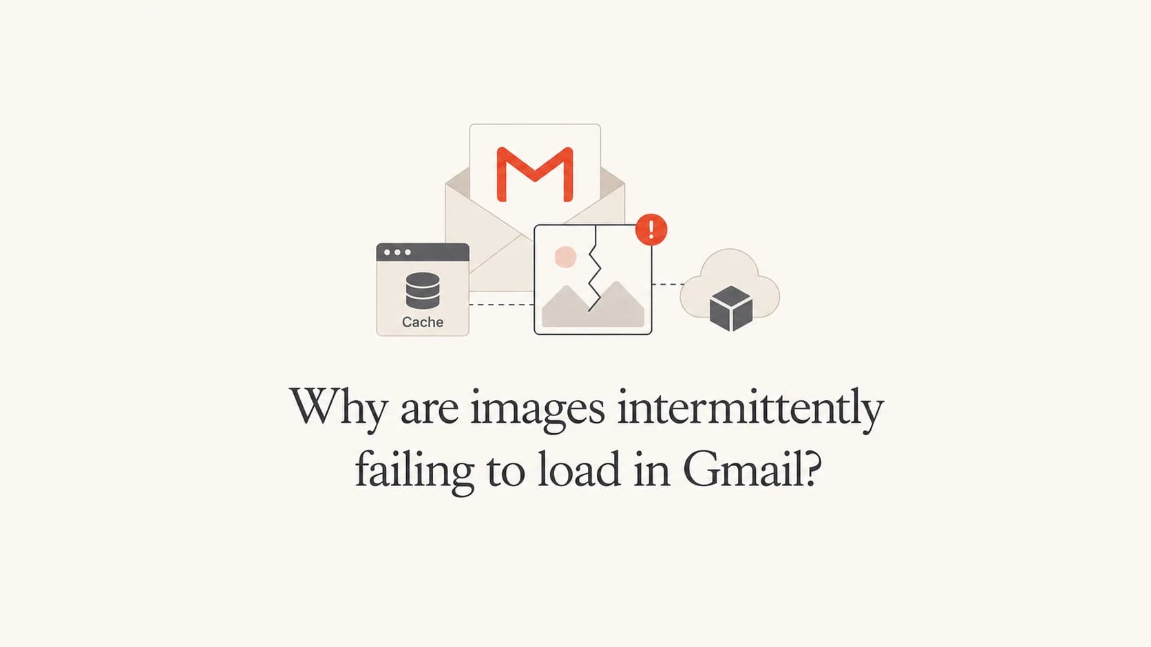 Gmail image loading failure shown as an email, cache node, and broken image icon.