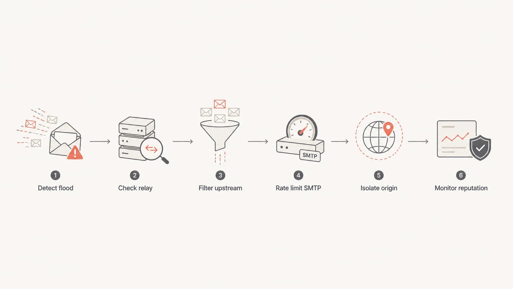 Mail server attack response path from detection to reputation monitoring.