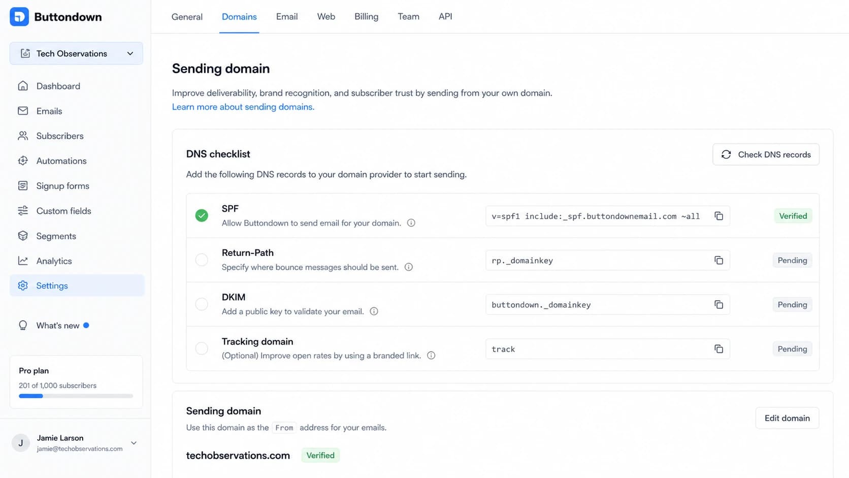 Buttondown sending domain DNS checklist with SPF verified