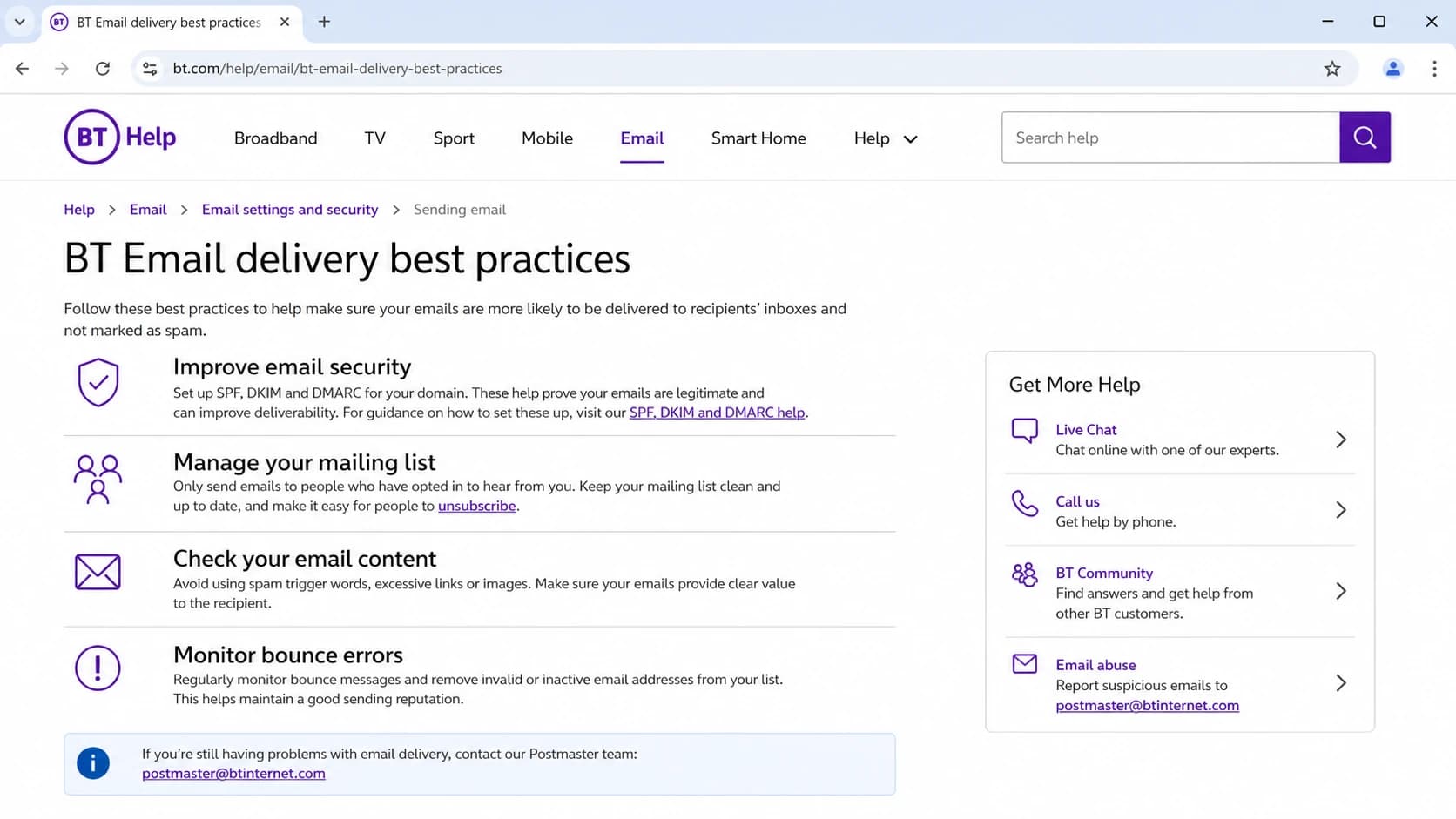 BT Help sender best practices page with postmaster guidance.