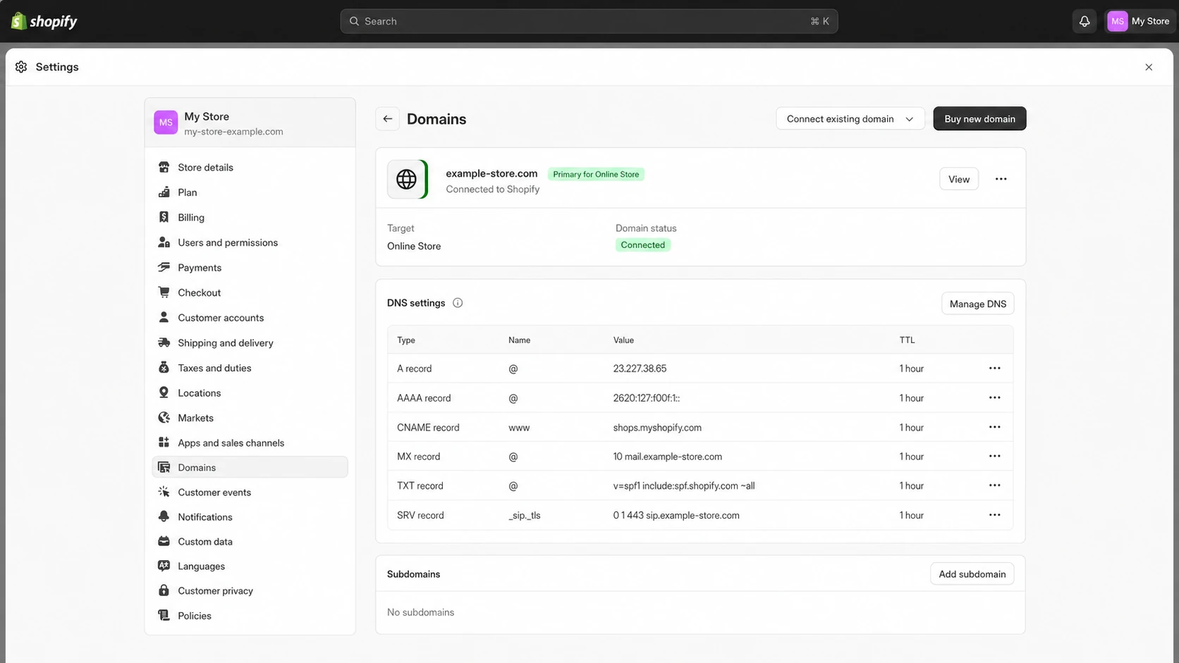 A Shopify Admin domain settings screen showing where DNS records are managed.