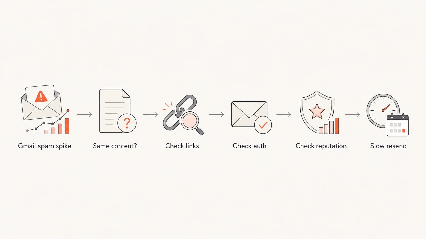 A flowchart for diagnosing a sudden Gmail spam placement spike.