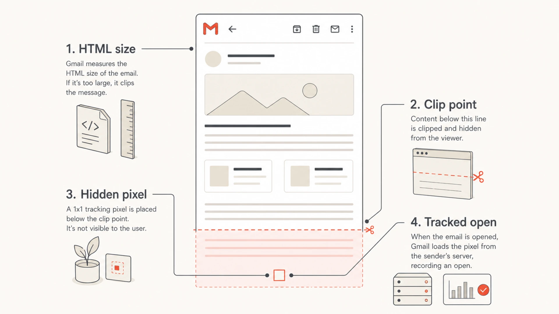A diagram showing a Gmail clip point hiding an open tracking pixel.