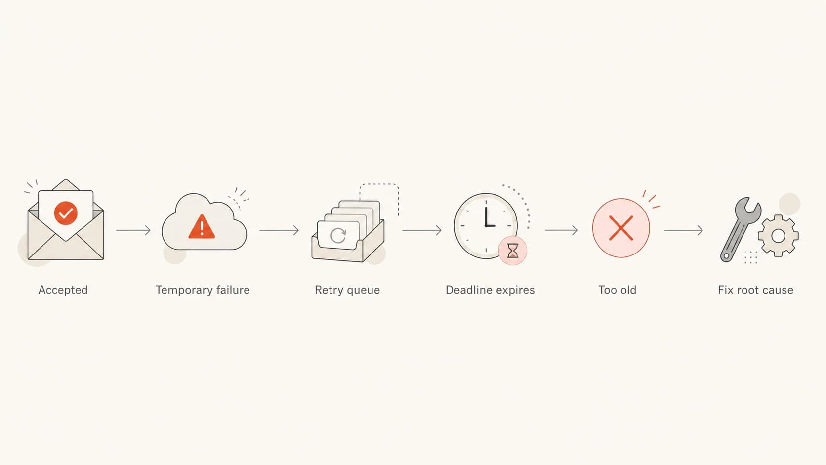 Flowchart from accepted message to Too old status and root cause fix.