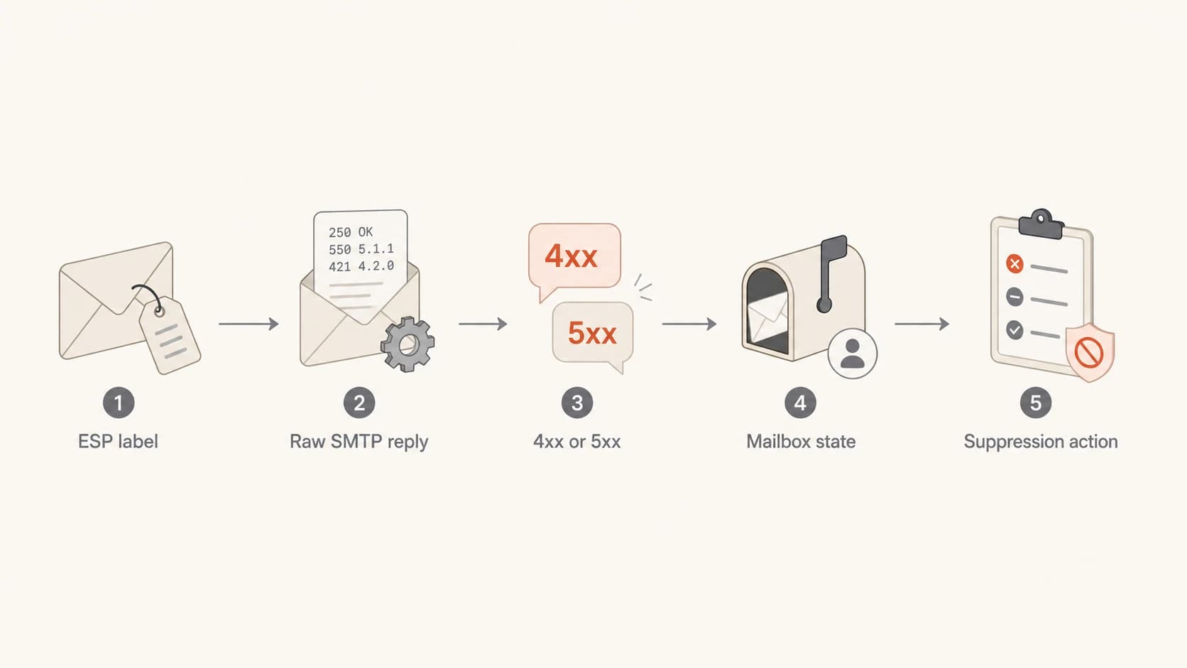 Flowchart showing how to move from an ESP bounce label to the right suppression action.
