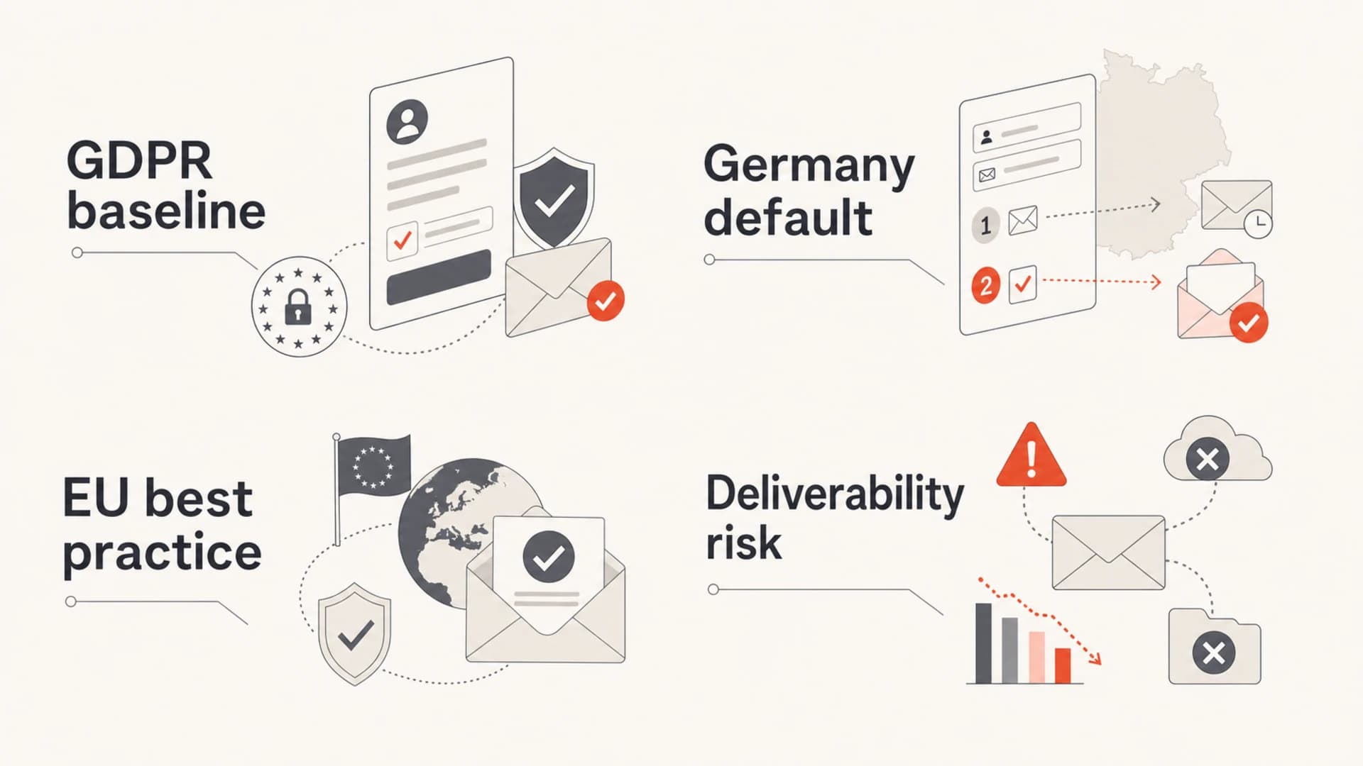 Infographic showing GDPR baseline, Germany default, EU best practice, and deliverability risk.
