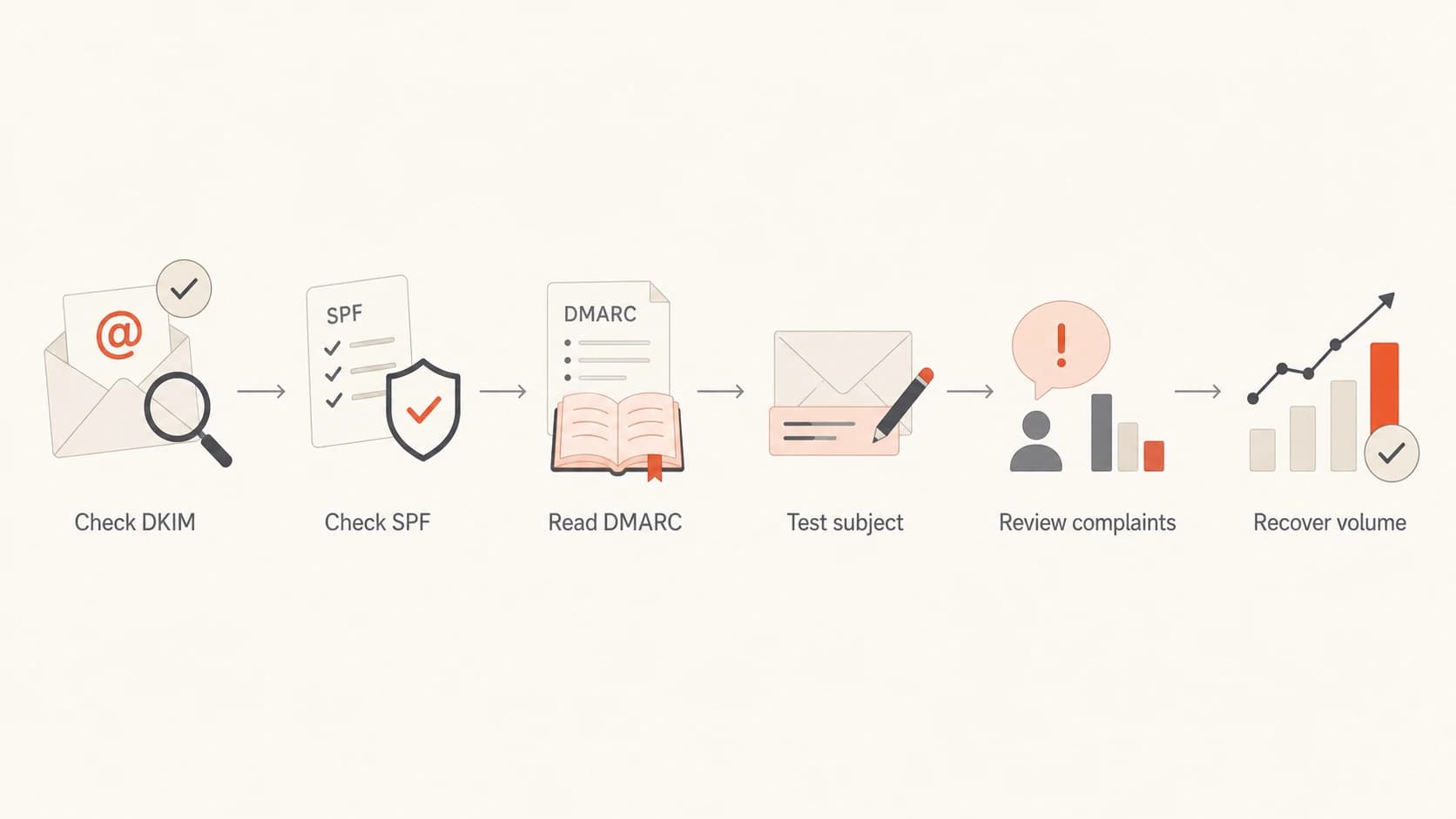 A six-step Seznam.cz troubleshooting path covering DKIM checks and volume recovery.