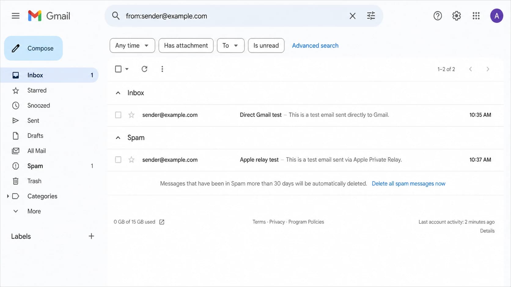 A Gmail screenshot showing direct delivery in Inbox and relay delivery in Spam.