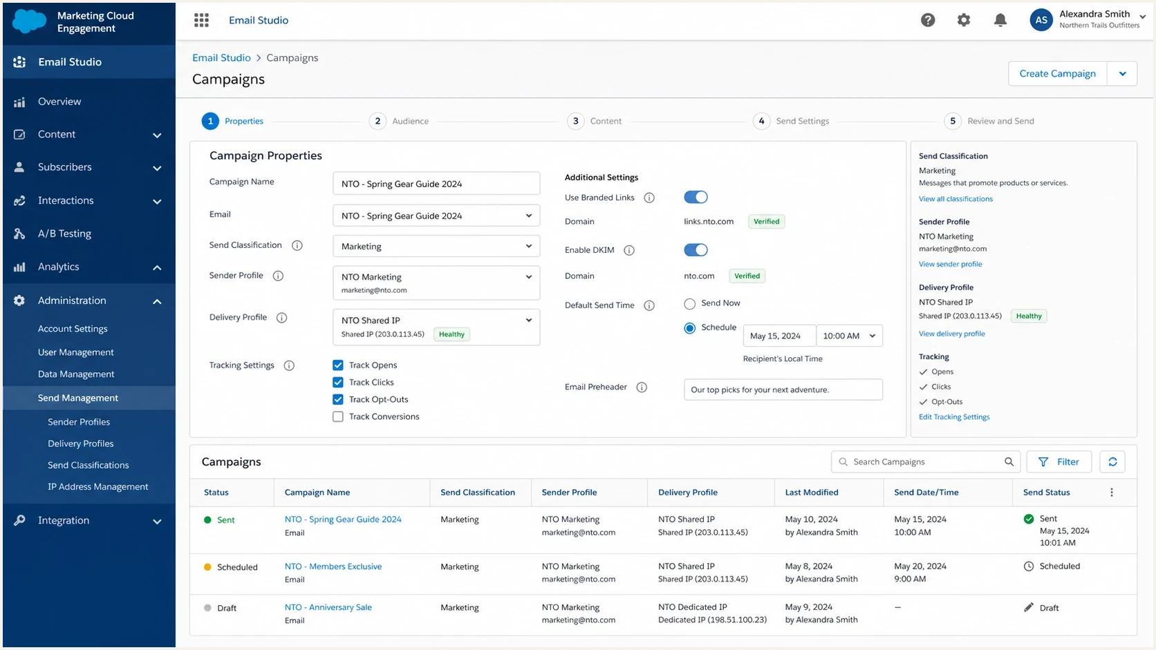 Salesforce Marketing Cloud Engagement screen for sender and delivery settings.