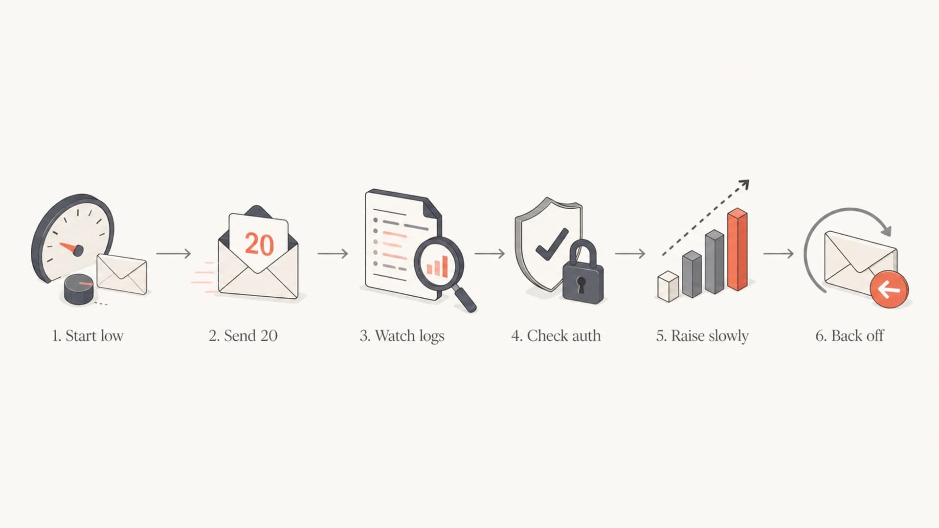Flowchart showing a Yahoo SMTP tuning loop: start low, send 20, watch logs, check authentication, raise slowly, and back off.