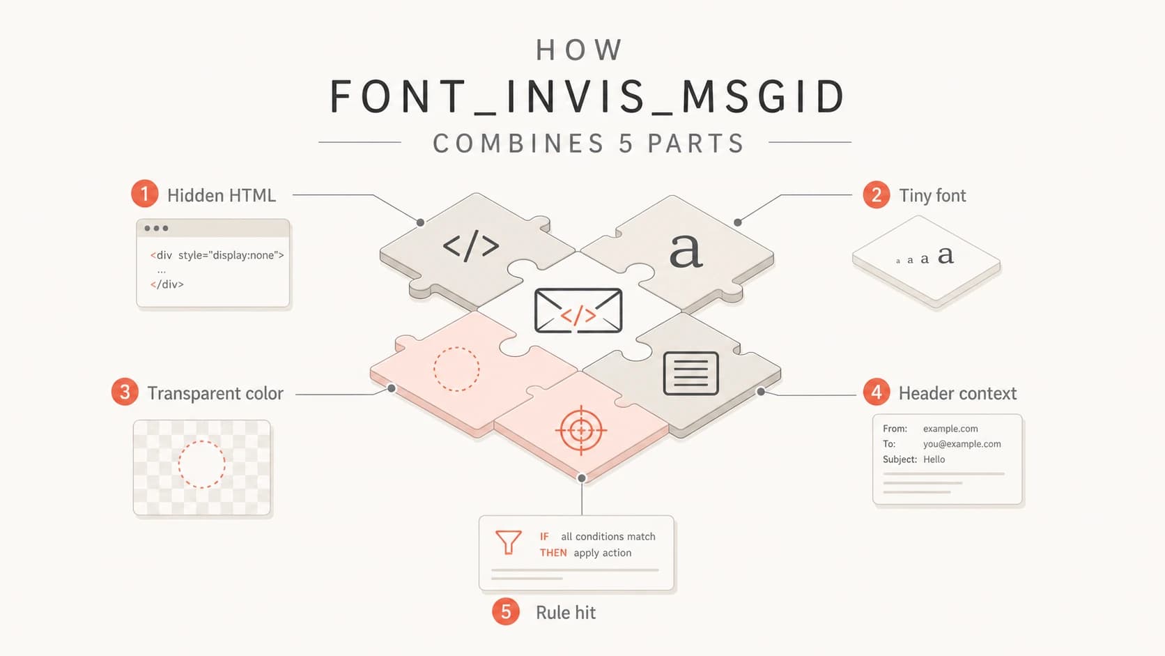 Infographic showing hidden HTML plus Message-ID context causing a rule hit.