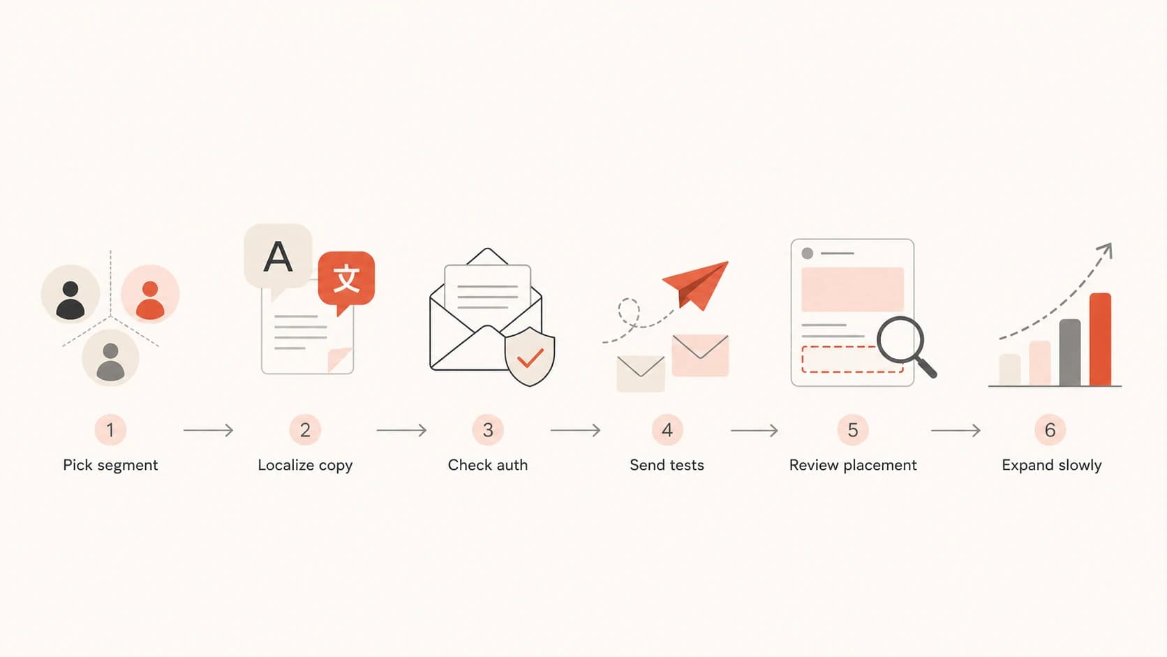 A six-step multilingual email testing path from audience segment to gradual rollout.