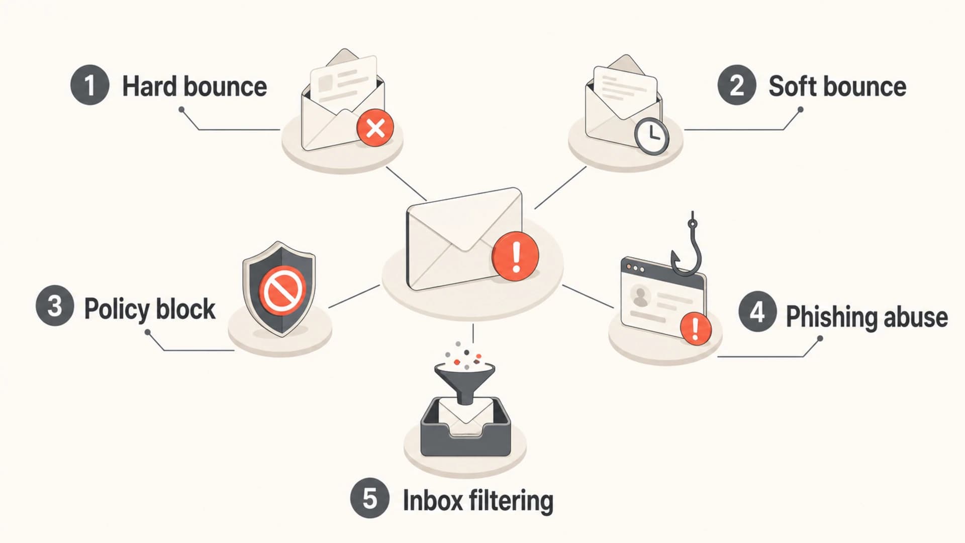 Five deliverability signals grouped by bounce type, policy blocks, phishing abuse, and inbox filtering.