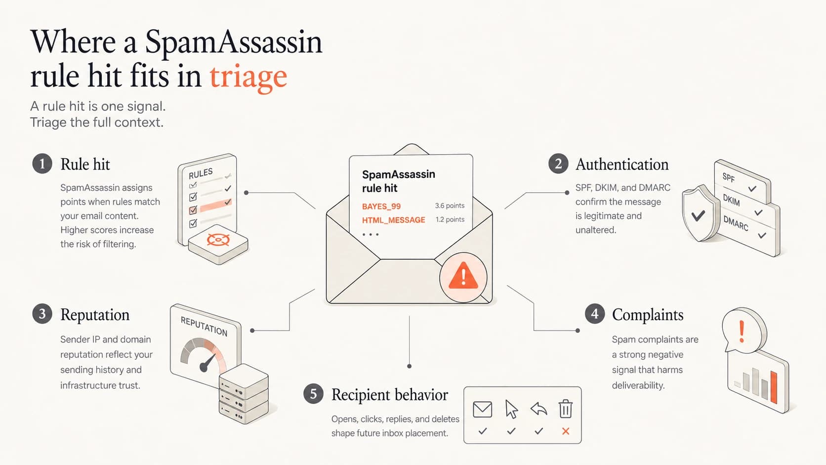 Infographic showing SpamAssassin as one deliverability signal among authentication, reputation, complaints, and recipient behavior.