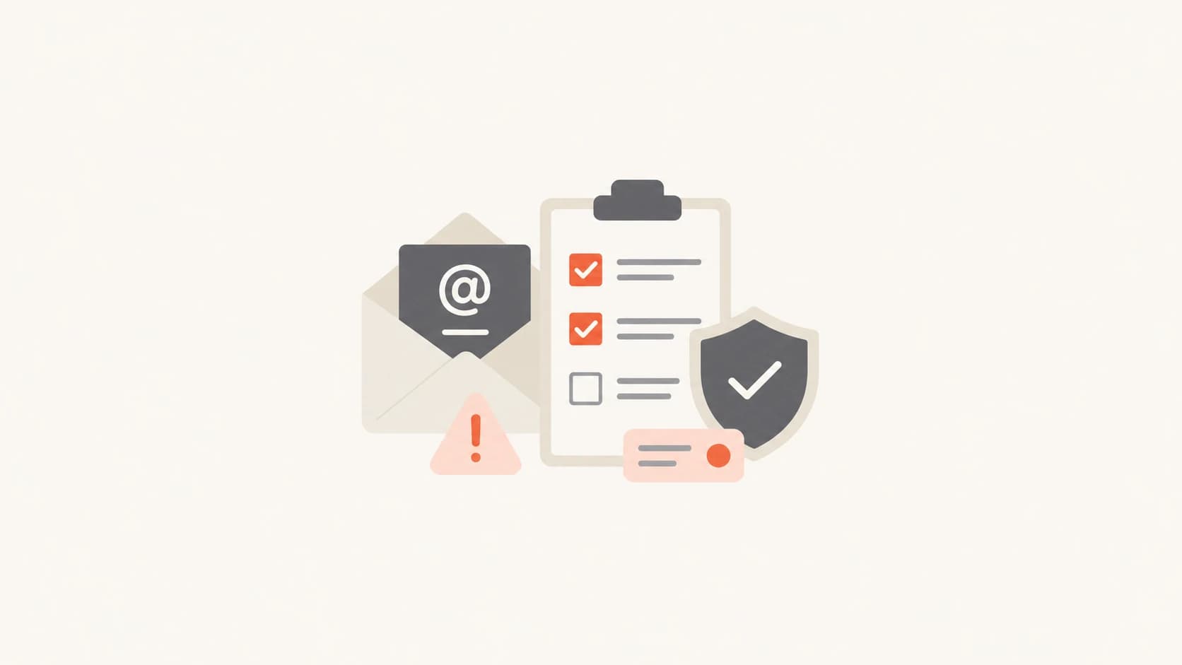 Email content review illustration with an envelope, checklist, and security shield.