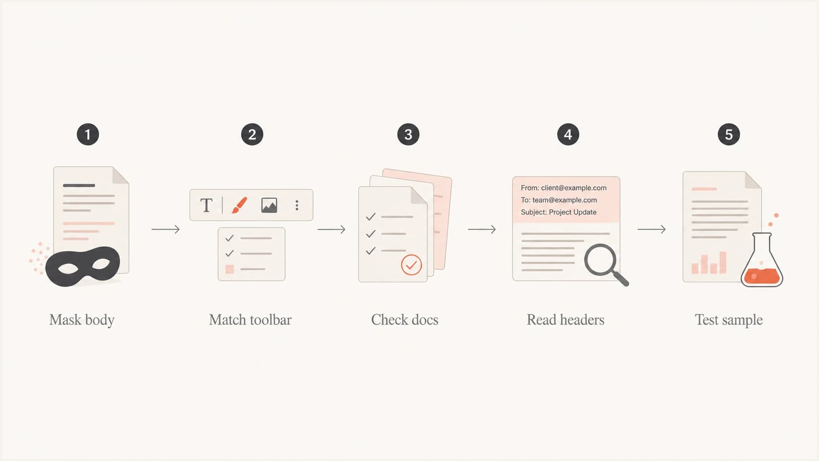 A five-step flowchart for confirming an email client from a screenshot and headers.