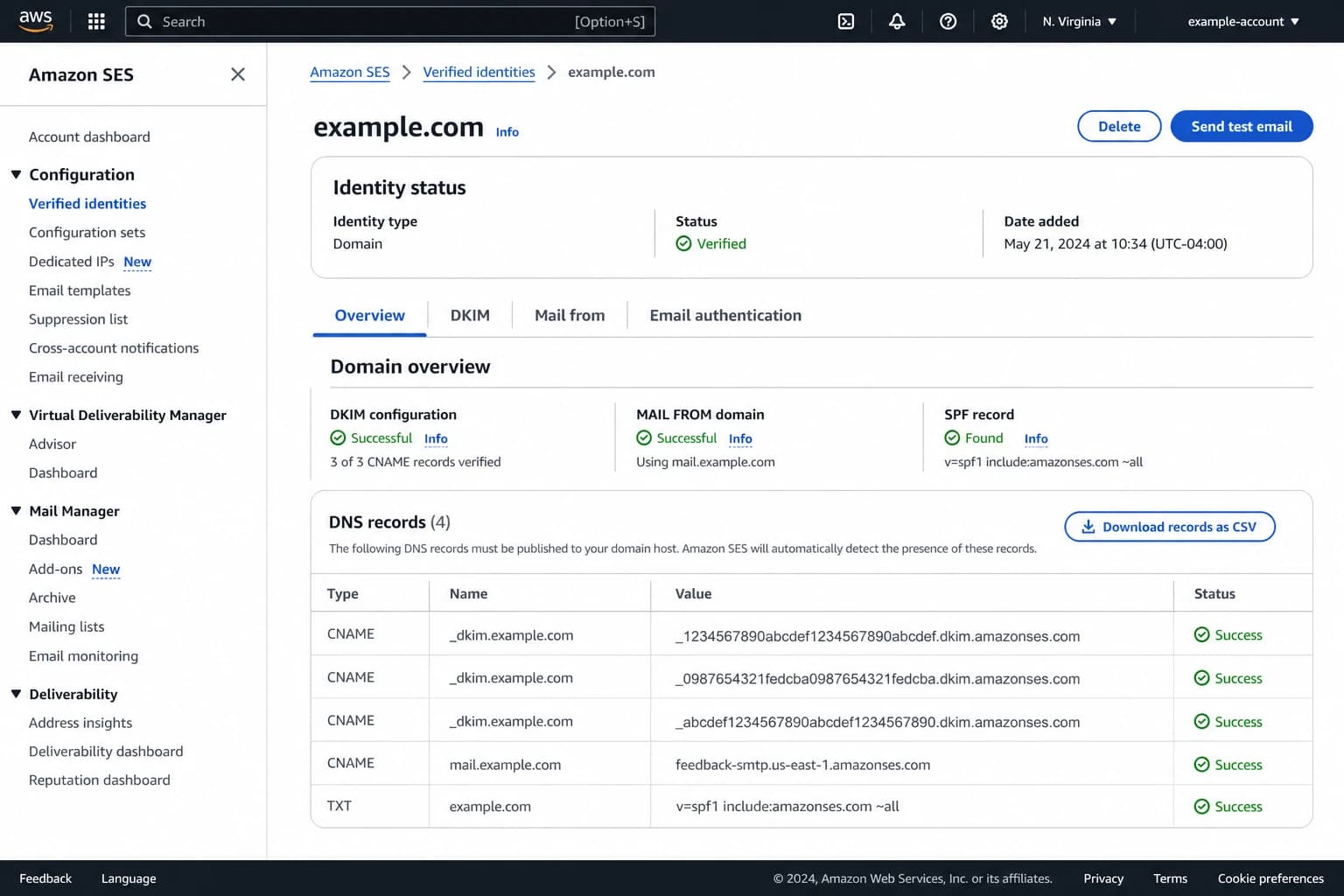 Amazon SES identity screen showing domain verification and DNS records.