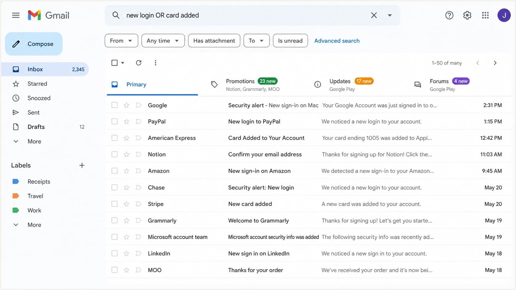 Gmail search view used to find security alerts during a mailbox flood.